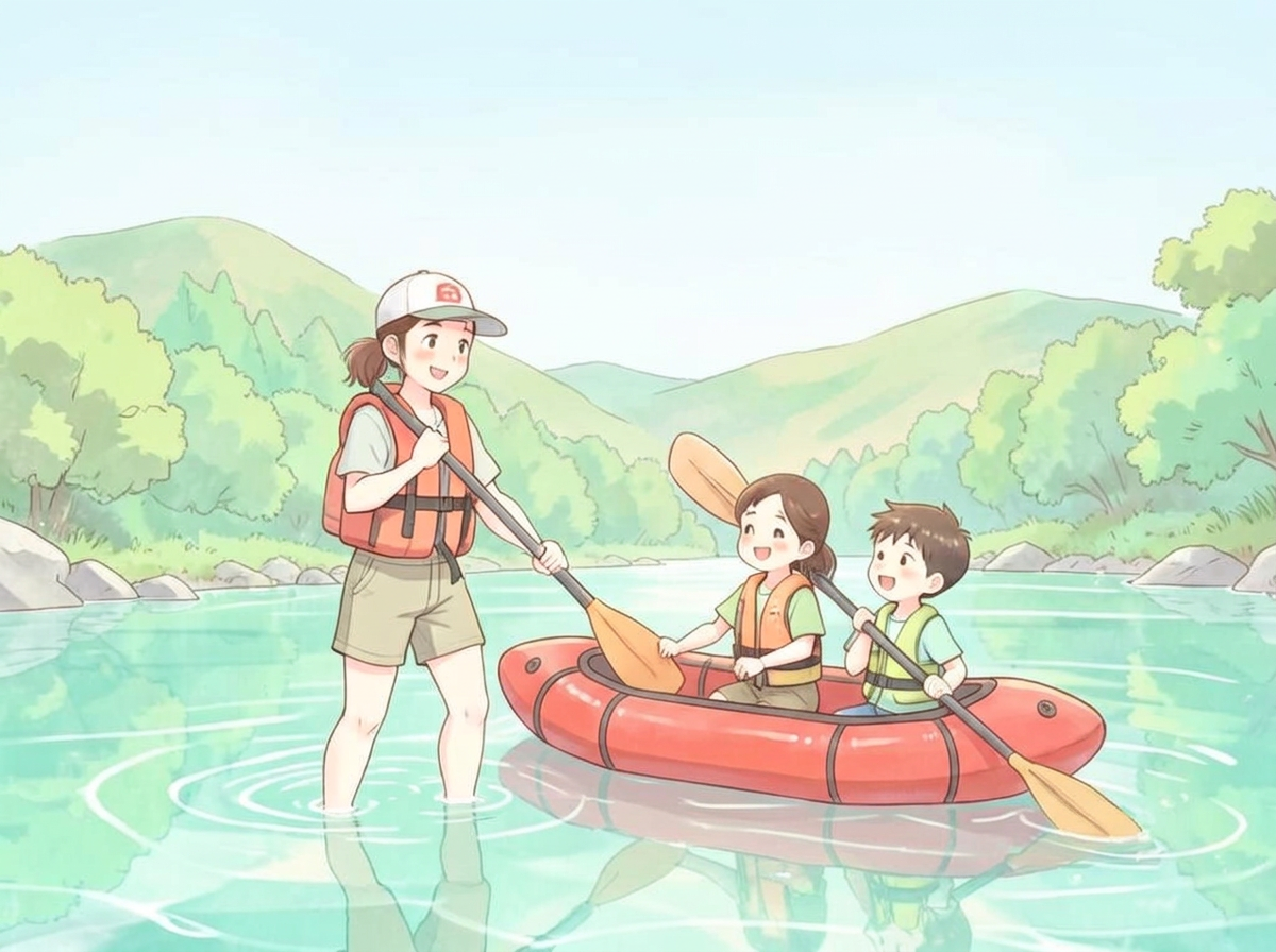 公認ガイドが生徒2人にパックラフトを笑顔で教えているイラスト