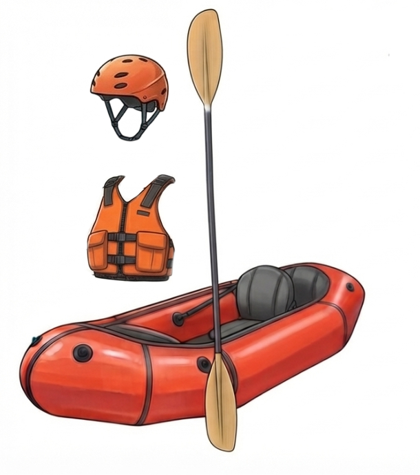 パックラフト、パドル、ヘルメット、ライフジャケットのイラスト。レンタル装備一式が含まれます。