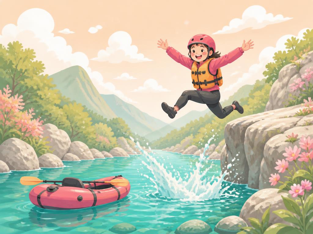 岩から清流へジャンプする楽しそうなイラスト